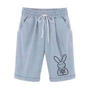 Htigea Women's Beach Shorts Drawstring Elastic Waist Straight Leg Shorts Casual Summer Bermuda Shorts with Pocket Light Blue L