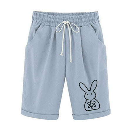 Htigea Women's Beach Shorts Drawstring Elastic Waist Straight Leg Shorts Casual Summer Bermuda Shorts with Pocket Light Blue L