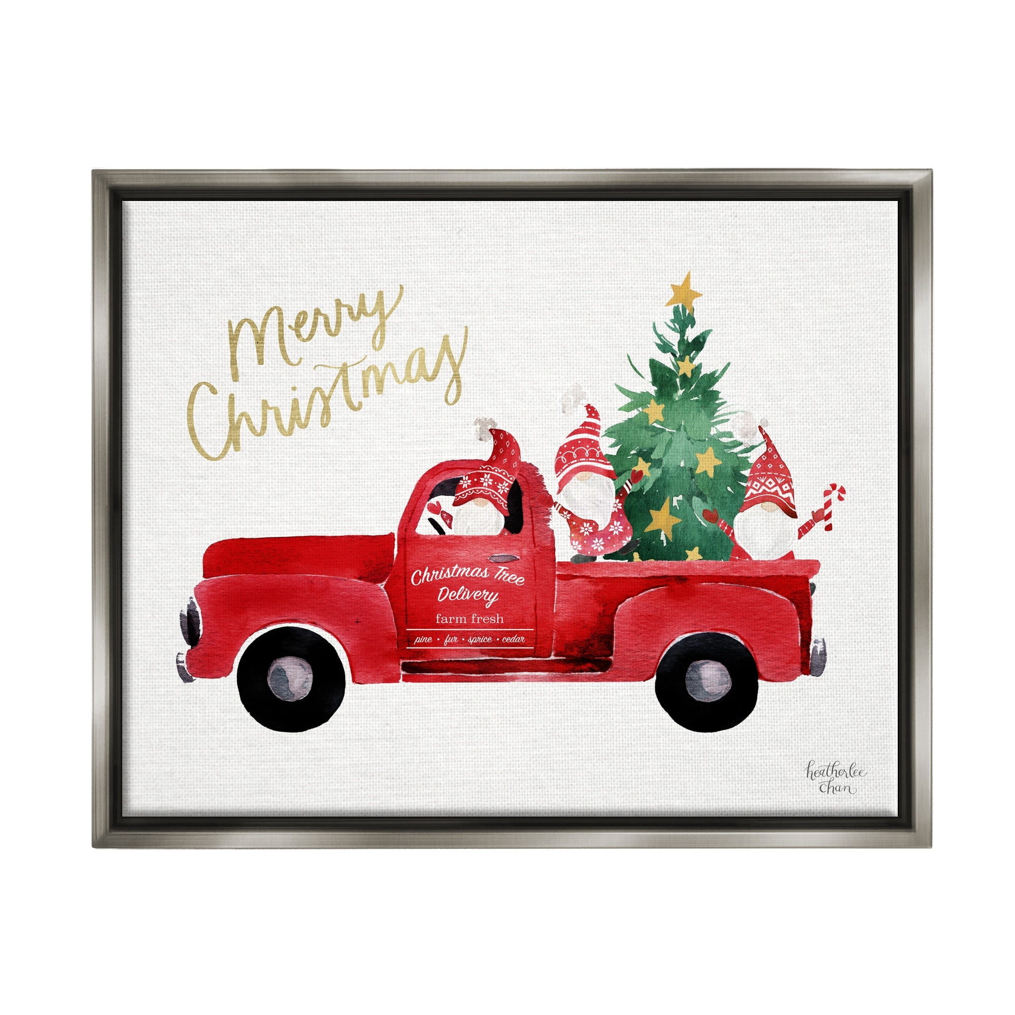 Stupell Industries Merry Christmas Holiday Red Truck Santa Gnomes & Tree Graphic Art Luster Gray Floating Framed Canvas Print Wall Art, Design by Heatherlee Chan