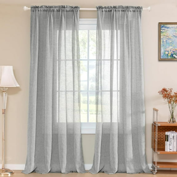 FAGRSA-Gray Linen Curtains Semi Sheer Curtains for Bedroom 96 Inch Natural Linen Blended Rod Pocket Sheer Curtain for LivingRoom, Light Filtering Linen Curtain (2 Panels, Dove Gray)