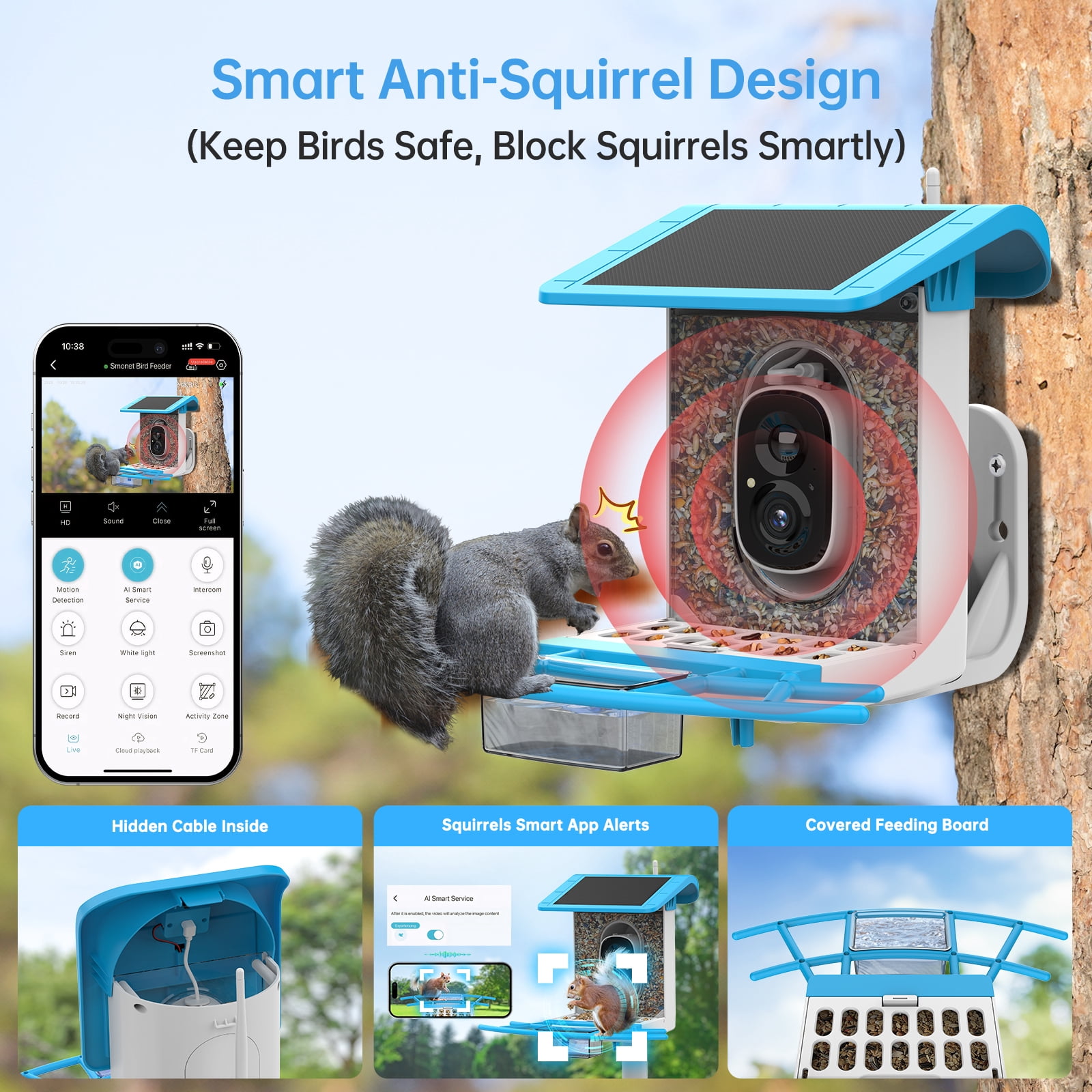 Smart Bird Feeder with Camera – 2K Live Video, AI Recognition, Solar Powered, Squirrel-Proof Outdoor Wireless Wifi Birdhouse, Unique Gift for Bird Lovers