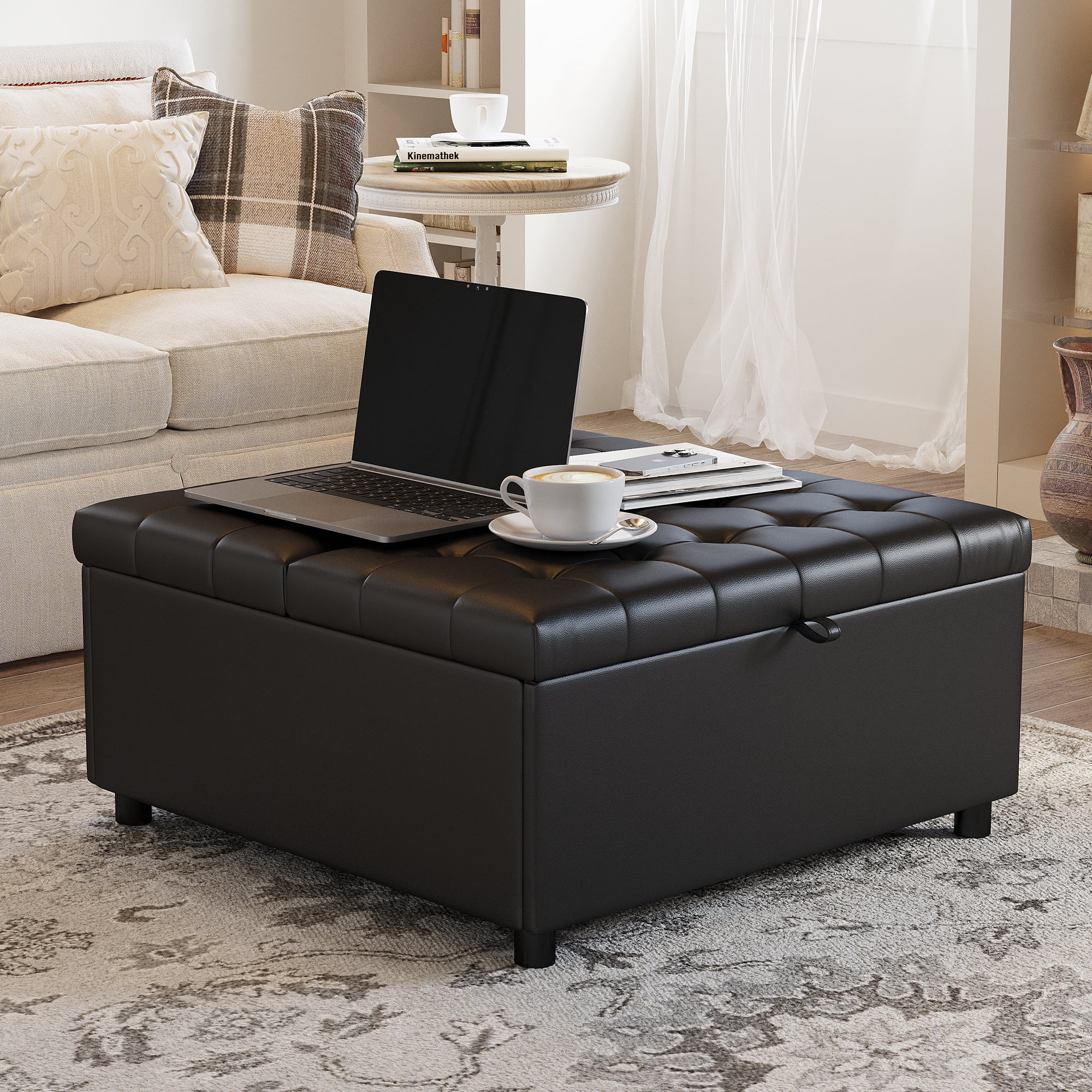 AODAILIHB Square Storage Ottoman, Storage Ottoman Coffee Table, Lift-up Large Square Footrest Stool, Black