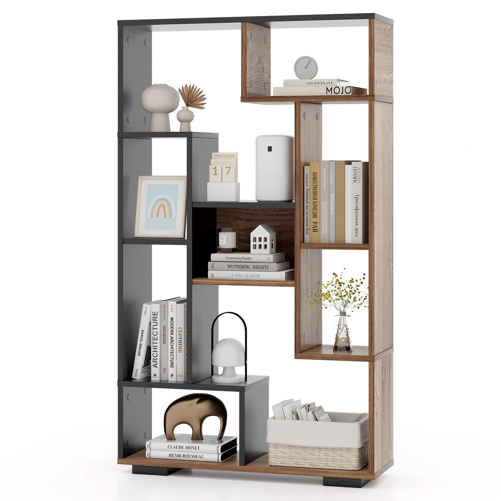 Giantex Geometric Bookshelf, 47 Inch Tall Bookcase w/Multiple Open Shelves, Freestanding 9 Cubes Bookshelf Storage Display, Black