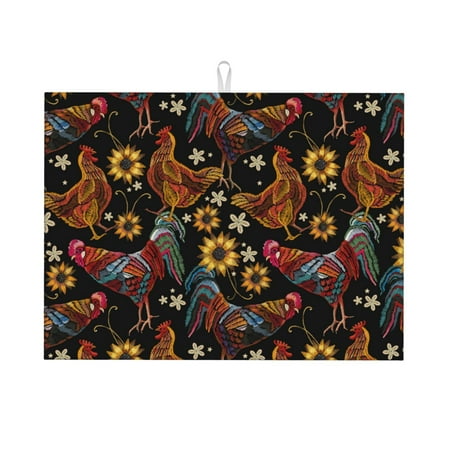 

Large Dish Drying Mats for Kitchen Counter - Embroidery Chicken Sunflower 18x24In Anti-Slip Absorbent Microfiber Drying Mat for Kitchen Counter Mat Dish Rack Mat with Hanging Loop