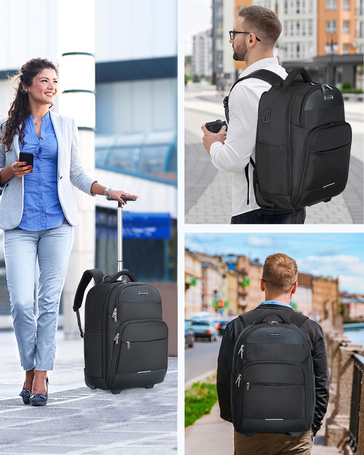 Rolling Backpack, 30L Travel Laptop Backpack with Wheels, 15.6 Inch Roller Carry on Luggage, Flight Approved Personal Item Wheeled Suitcase for Men Women Adults, Black