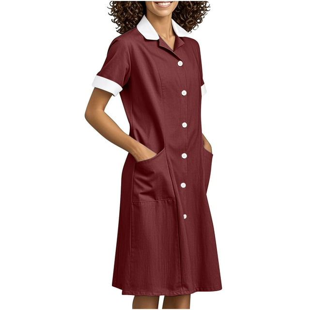 VEKDONE Robe d'Été pour Femme de Couleur Unie avec Poches, Boutons, Empiècement, Col à Revers, Robe d'Été pour Soignante, Robe d'Été pour Infirmière, Robe d'Été Midi de Travail, Bordeaux L