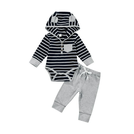 

Bagilaanoe 2pcs Newborn Baby Boy Long Pants Set Long Sleeve Hooded Romper Tops + Stripes Trousers 3M 6M 12M 18M Infant Casual Outfits