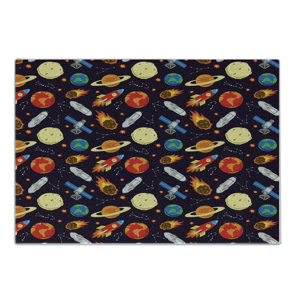 Space Cutting Board, Universe Themed Illustration with Earth Moon Constellations Saturn Rockets Stars, Decorative Tempered Glass Cutting and Serving Board, Small Size, Multicolor, by Ambesonne