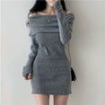 thumbnail image 6 of Aellinatey Trendy off Shoulder Sweater Mini Dress Solid Color Long Sleeve Knit Dresses, 6 of 16