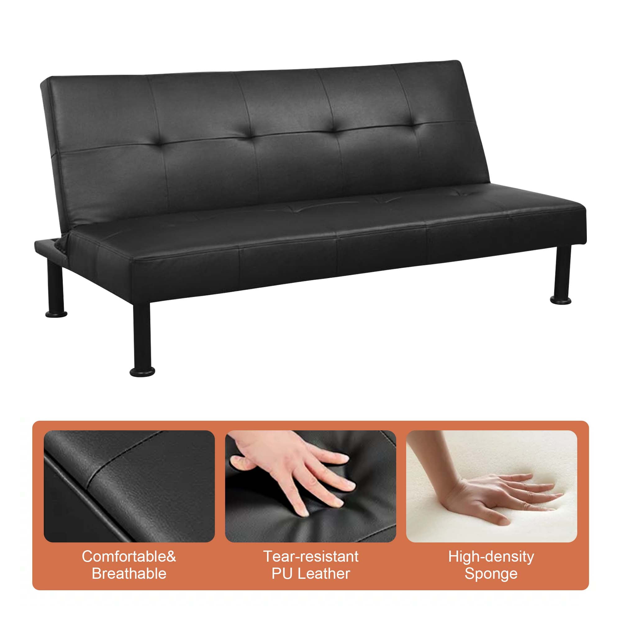 Aukfa Studio Futon Convertible Sofa Bed, Tufted Back, Leather, Black