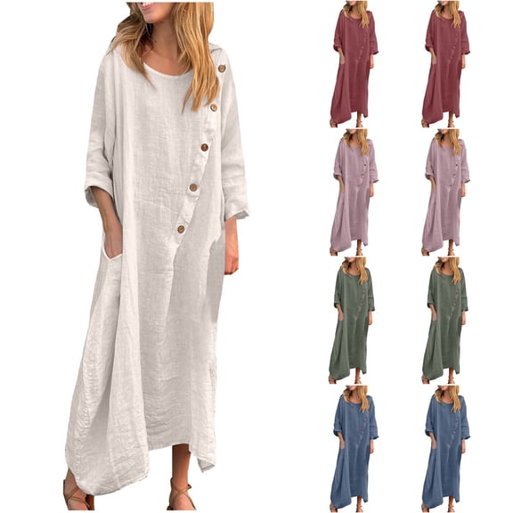 Ashirexll Long Sleeve Maxi Dress, Womens Fall Dresses, Ladies Plus Size Casual Round Neck Long Sleeve Dresses Solid Color Linen Long Dress