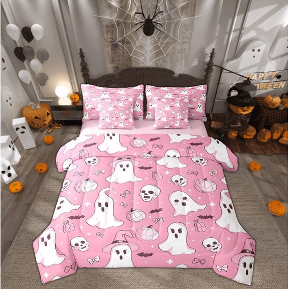 Manfei Spooky Ghost Bedding Full Size, Halloween Pumpkin Bed Set, Horror Skull Reversible Bedding Sets Full Size, Breathable Room Decoration, 7-Piece