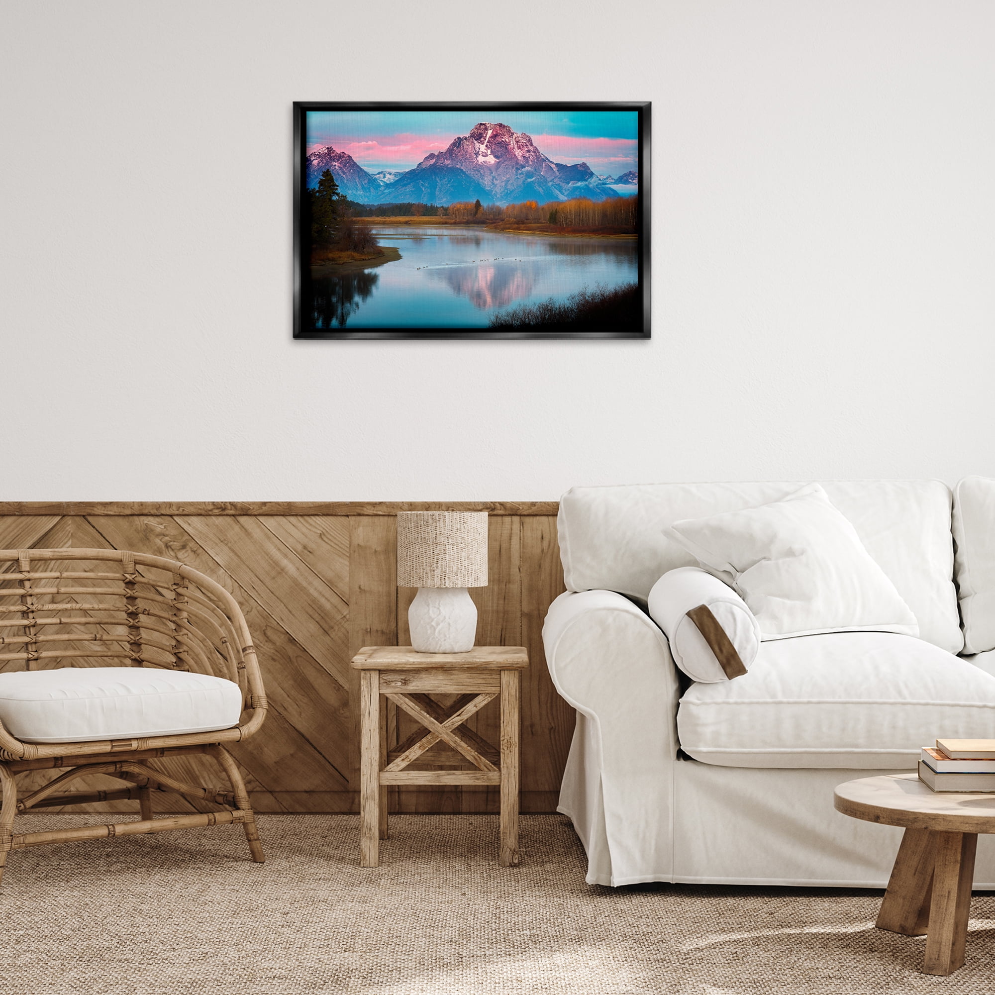 Stupell Industries Vast Mountain Lake Photography Landscape & Nature Photography Black Floater Framed Canvas Art Print Wall Art, 31 x 21