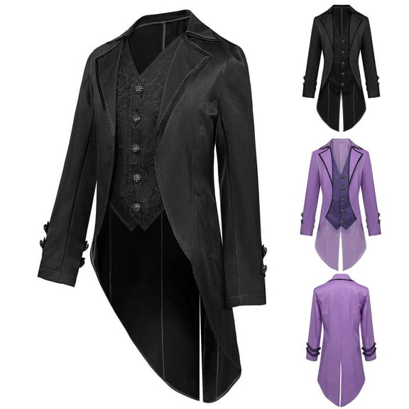 Miluxas Men's Medieval Gothic Steampunk Swallow-Tailed Coat Button Down Blazers Jacket Halloween Overcoat Purple