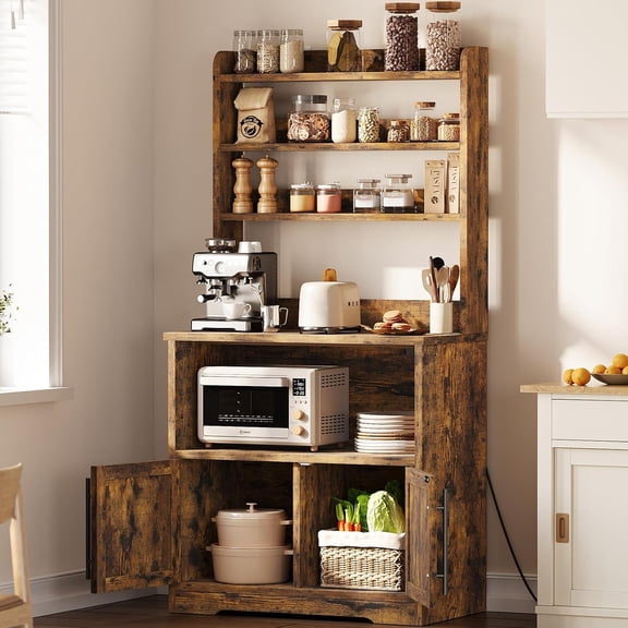 Microwave Stand Bakers Rack Cabinet, Farmhouse Bakers Rack with Power Outlet with Thickened Counter, Freestanding Small Kitchen Bakers Rack with Large Storage, Easy Assembly, Retro Brown