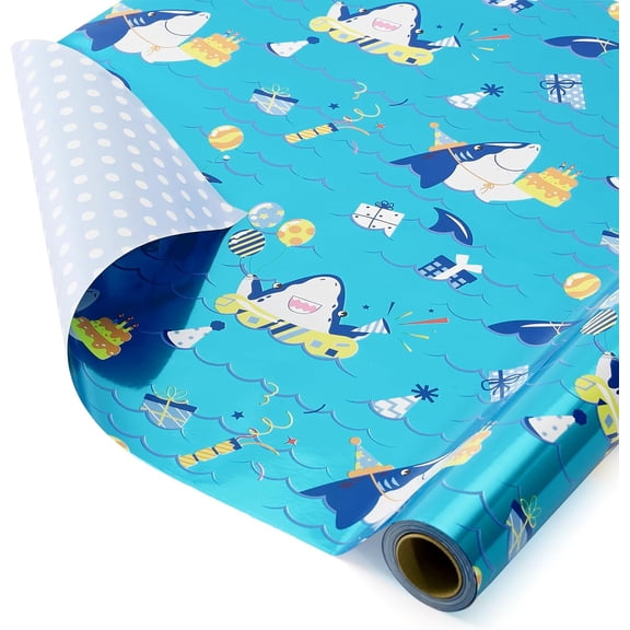 Ocean Shark Birthday Wrapping Paper Roll - 1 Roll 17”x 33 ft Baby Boy Wrapping Paper for Kids Birthday Ocean Theme Party Gift Wrap Roll for Baby Shower Summer Party Decoration With Polka Dot Design