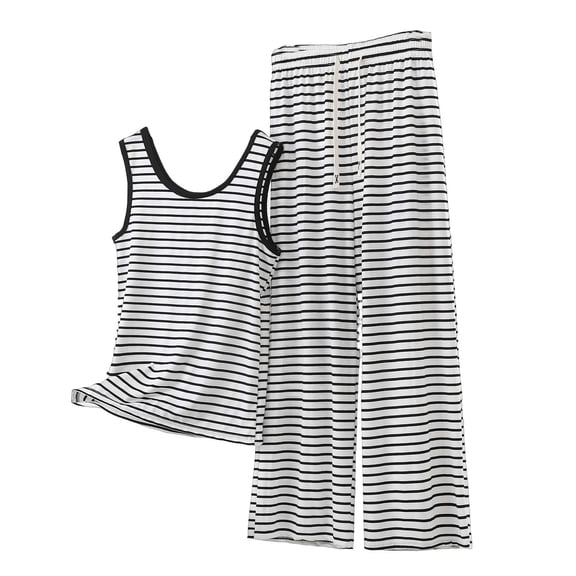 Bosfbaoi Plus Size 2 Piece Sets For Women Striped Tank Top Elastic Waist Trousers Loungewear Sets Pajama Set