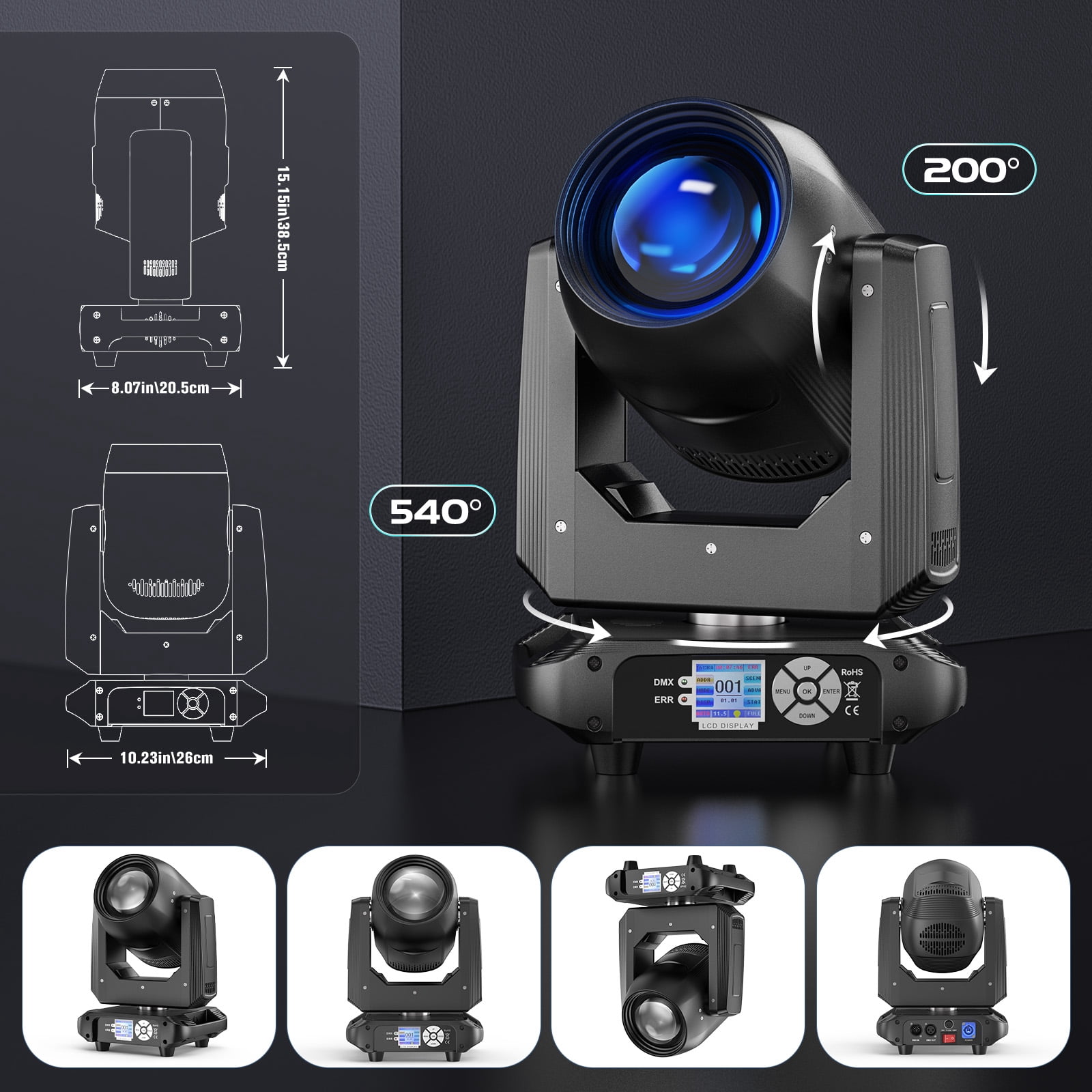 Moving Head DJ Light,18-Facet Rotating Prism Stage Lights ,14 GOBOs and 14 Colors Rainbow Effect Stage Light 14CH for Parties Wedding Halloween Christmas Club