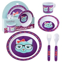 Bentology 5 Pc Mealtime Baby Feeding Set for Kids and Toddlers - Includes Plate, Bowl, Cup, Fork and Spoon Utensil Flatware - Durable, Dishwasher Safe, BPA Free - Kitty