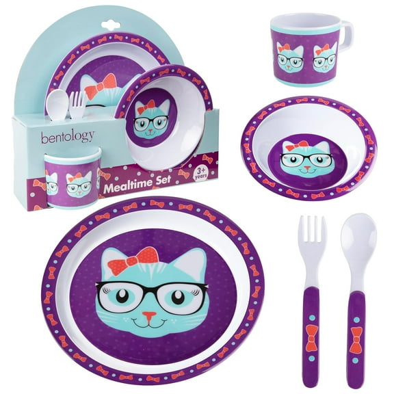 Bentology 5 Pc Mealtime Baby Feeding Set for Kids and Toddlers - Includes Plate, Bowl, Cup, Fork and Spoon Utensil Flatware - Durable, Dishwasher Safe, BPA Free - Kitty