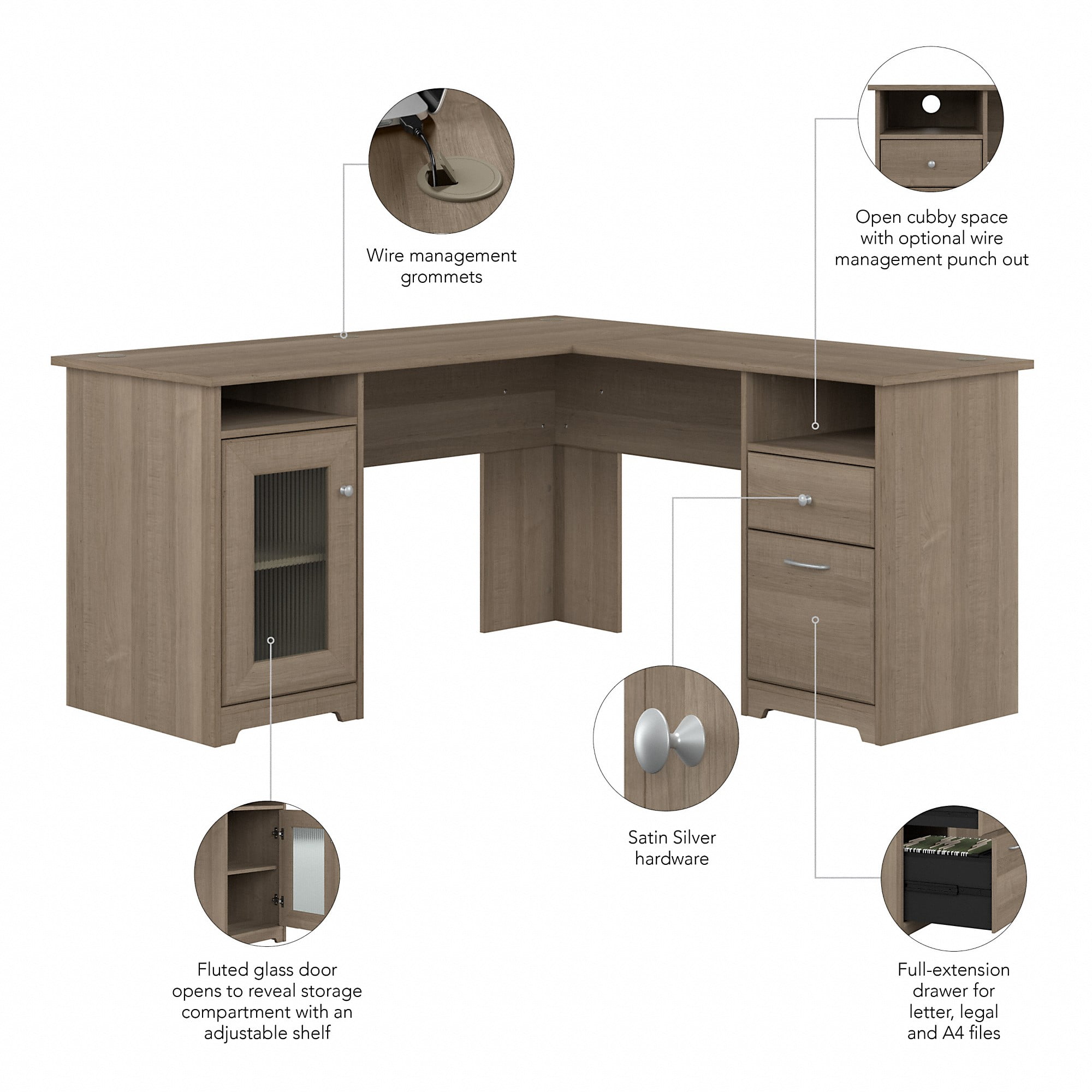 Bush Furniture Cabot 60" L Shaped Desk with Storage, Ash Gray