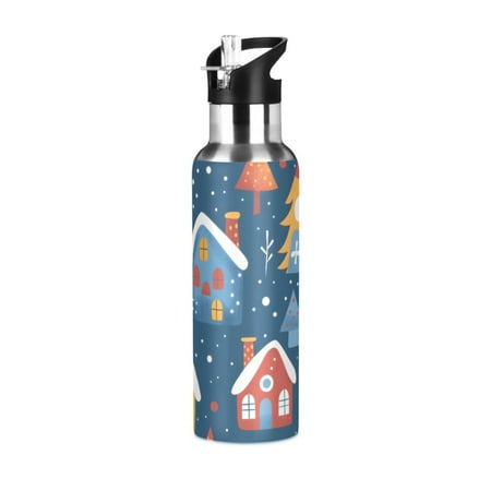 

ALAZA Christmas Tree and House Water Bottle Insulated Flask Stainless Steel Straw Lid 20 oz