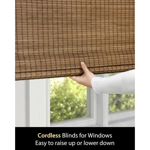 Cordless Bamboo Roman Shades for Windows, Natural Woven Window Blinds 30.5 in W x 48 in H, Light Filtering Window Treatment for Living Room Bedroom, Teak Color