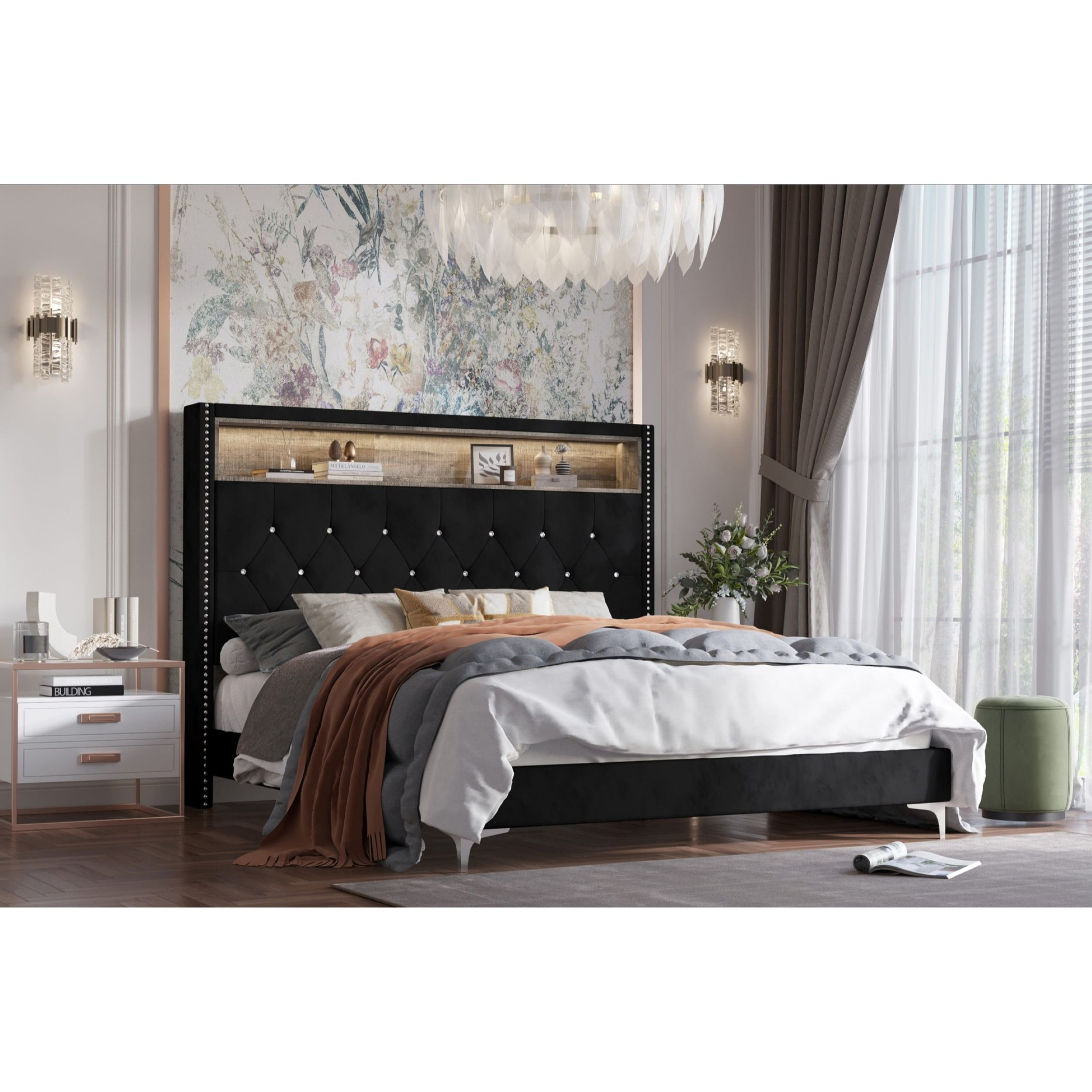 Home Design Javan King Velvet Upholstered Bookcase Panel Bed Frame for Adult, Black, Easy Assembly
