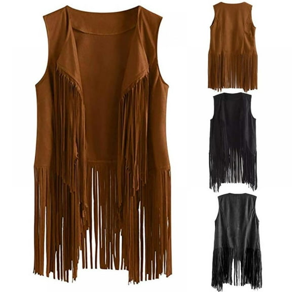 Women Cool Fringe Vest Faux Suede Tassels Cardigan Vintage 70s Hippie Clothes Open-Front Sleeveless Vest Top Female