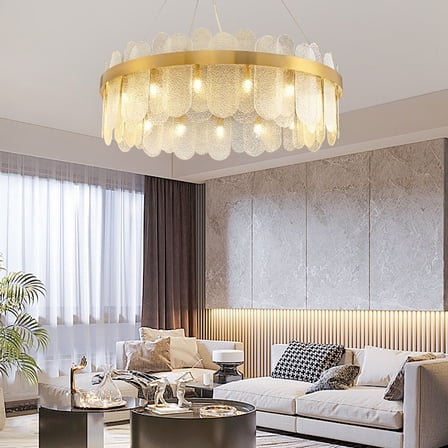 Crystal Gold Glass Chandelier Round Pendant Lamp Ceiling Light Lighting Fixture for Living Room, Bedroom