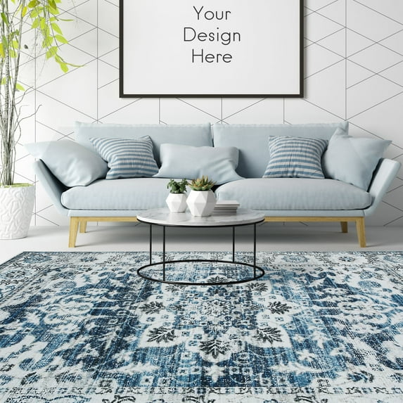 ZACOO 8' x 10' Area Rug Traditional Persian Rug Medallion Distressed Rug Floral Print Carpet Low Pile Non-Slip Carpet for Living Room Dorm, Blue