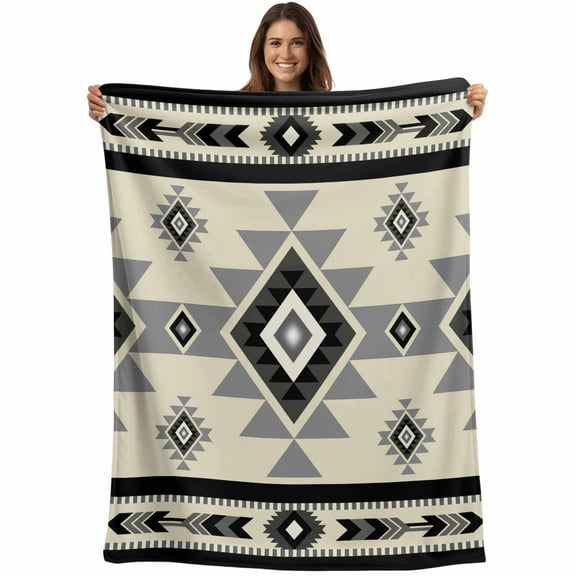 Boho Southwest Throw Blankets, Aztec Tribal Retro Geometric Patterns Soft Fleece Blanket Decorative for Home Sofa Couch Chair Living Bedroom, 50x60 inches, Gray