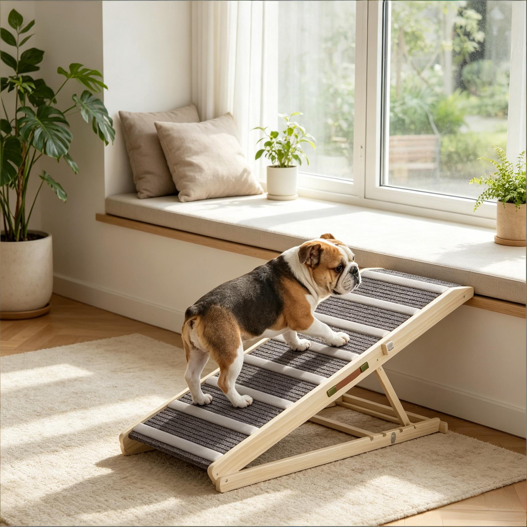 Foldable Pet Ramp for Dog & Cat, 4 Adjustable Height, Solid Pine Wood Pet Ramp with 900GSM Non-Slip Carpet, Portable Gentle Incline Climbing Ramp for Bed Sofa Car, Supports Up to 110 lbs
