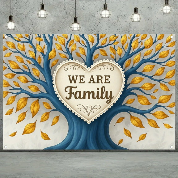 Blue Golden Family Tree Party Backdrop We Are Family Heart Photography Background with Blue Family Tree Leaves Decorations for Sweet Home Housewarming Party Cake Smash Photo Props