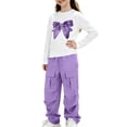 thumbnail image 4 of Girls Fall Outfits Set Casual Lightweight Long Sleeve Cute Graphic T Shirts and Cargo Pants Kids Clothes Purple 8, 4 of 7