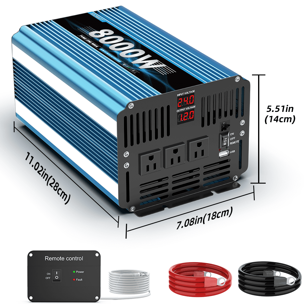 8000 Watt Pure Sine Wave Power Inverter 24V DC to 110V 120V Converter for Family RV Off Grid Solar System Car with Type-C Ports 3 AC Power Outlets USB Ports LCD Display and Remote Control,blue
