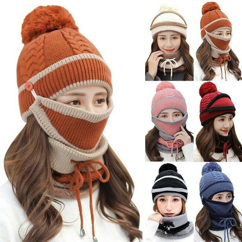 1Pc Black Women Girls Faux Fur Pom Beanie Cap Knit Ski Hat Warm Winter Scarf Set