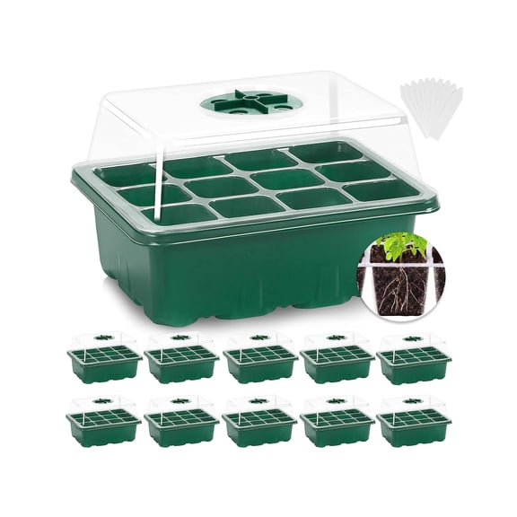 10 Packs Seed Starter Trays(120 Cells Total)with Humidity Dome and Base Jorking Plant Growing Germination Kit Clone Tray for Soil Blocks, Rockwool Cubes,Wheatgrass, Hydroponic