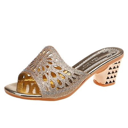 

WANYNG Fashion Summer Women Sandals Hollow Breathable Rhinestone Sequins Casual Middle Heel Wedge Sandals for Women Comfort Womens Boating Shoes