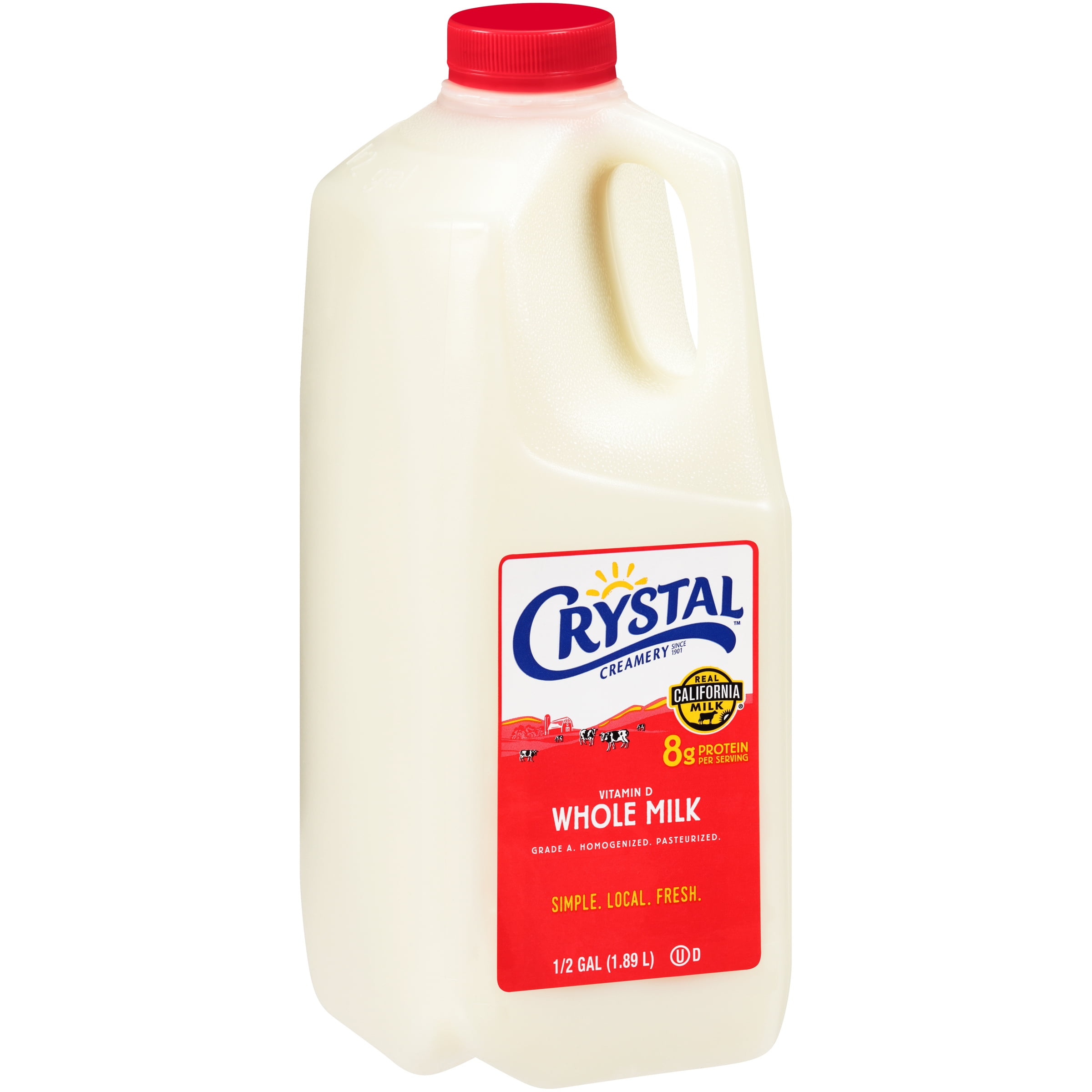 Crystal Creamery Real California Vitamin D Whole Milk, Gluten Free, Half Gallon Jug, 64 fl oz