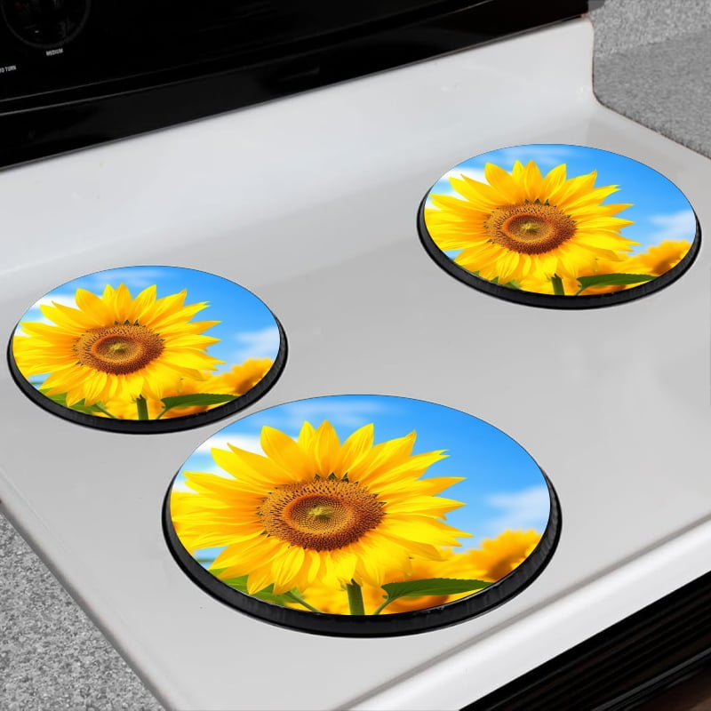 BaHomeck Electric Stove Burner Covers Set of 4,Round Metal Gas Stove Burner Covers 8 Inch and 10 Inch,Kitchen Decor,Vibrant Sunflower Field Under The Blue Sky