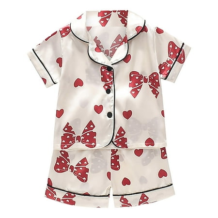 

ZMHEGW Toddler Girl Pajamas Satin Cartoon Button Down Short Sleeve Shirt Tops + Shorts Pants Silk Sleepwear Outfits Loungewear Set Boy Pajamas