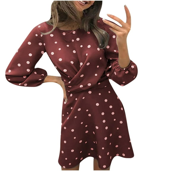 Fesfesfes Women Gowns Casual Long Sleeve Wave Point Printed O-Neck Pullover Draw Back Party Dress Plus Size $10