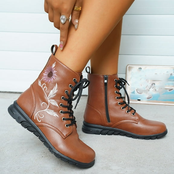 Wavsuf Hiking Boots for Women Round Toe Short Ankle-High Printed Lace Up Brown Shoes Size 36