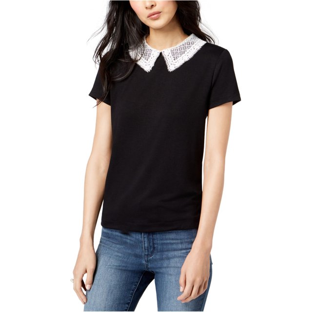 maison Jules Camiseta básica con cuello de encaje para mujer, negra, mediana maison Jules Camiseta básica