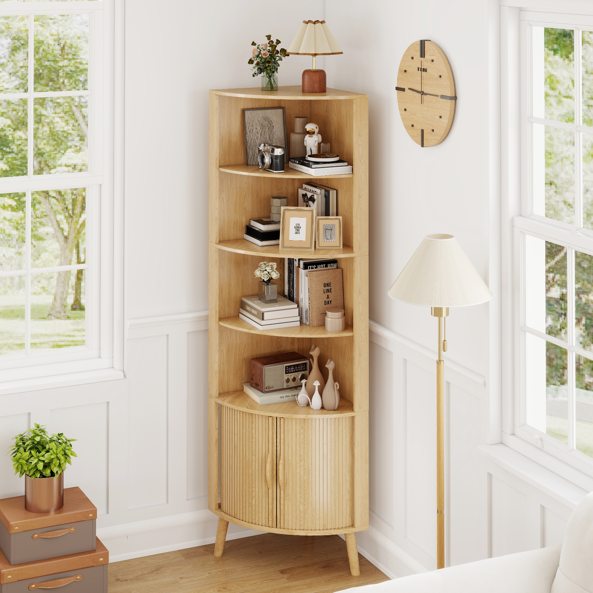Diubas 66.73'' Tall Fluted Floor Corner Cabinet, Farmhouse Storage Cabinet with 2 Doors and 5 Storage Shelves for Living Room, Kitchen, Study Room, Natural
