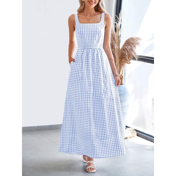 Light Blue Gingham Square Neck A-Line Maxi Sundress With Thin Straps And Side Pockets