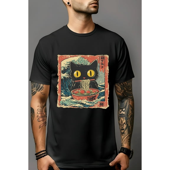 Men's Ramen Black Cat Japanese Style Graphic Print T-Shirt For Men Casual Short Sleeve Tee 1 Pcs 100% Heavy Cotton - Comfortable Crew Neck, Soft Tees Tops