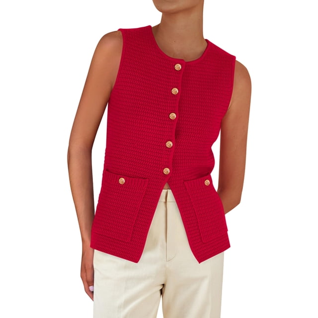 Chaleco tipo suéter PRETTYGARDEN para mujer, verano 2025, rojo, talla M