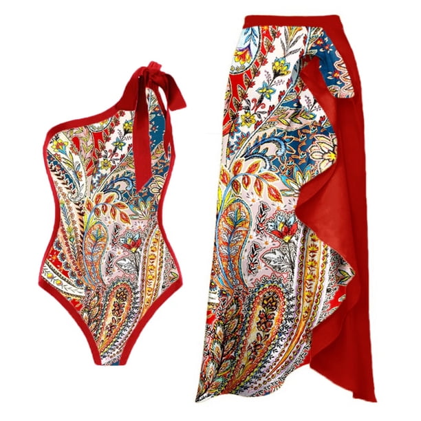 Gibobby Trajes de Baño para Mujer Traje de baño de 1 pieza para mujer + 1 pieza para cubrirse Traje de baño de dos piezas con estampado vintage Monokini (Rojo,G)